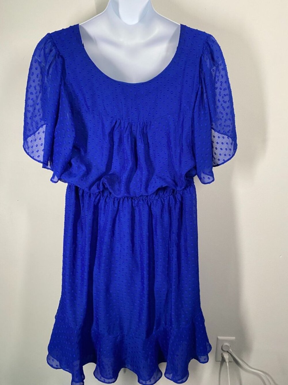 Polka Dot Sheer Royal Blue 22w Wrap Dress With Flutter Sleeves & Tie Waist - Picture 10 of 11